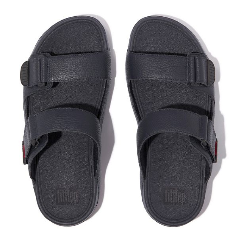 Navy Men's FitFlop Gogh-Moc Adjustable Leather Slides | 731SXLDVB