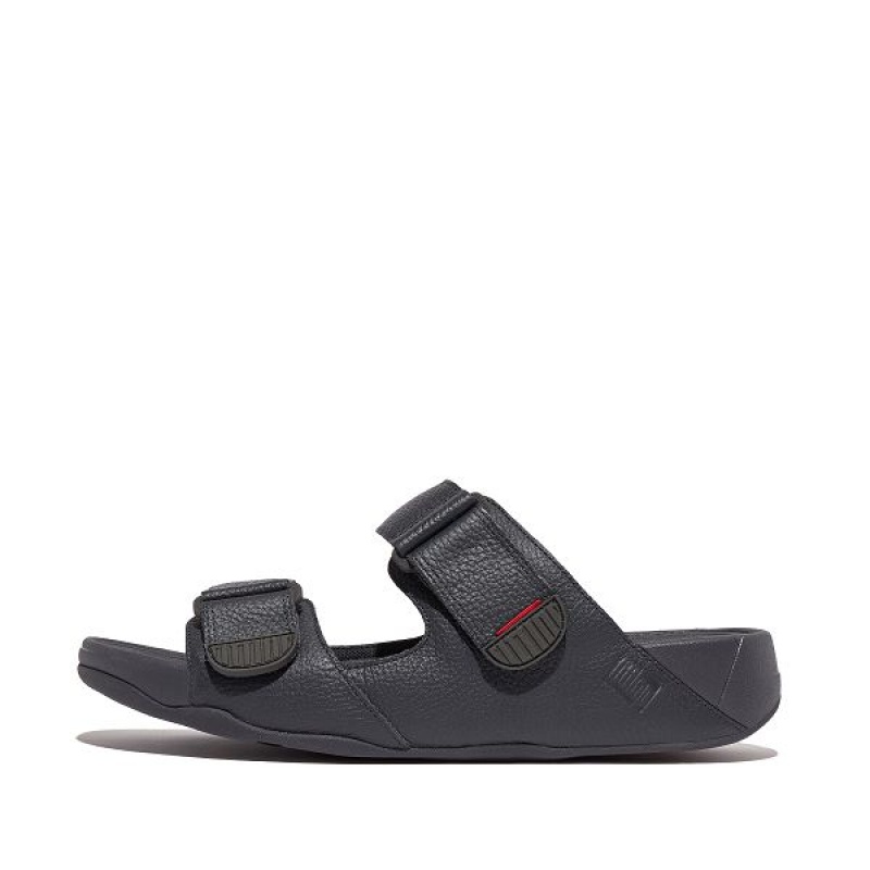 Navy Men\'s FitFlop Gogh-Moc Adjustable Leather Slides | 731SXLDVB