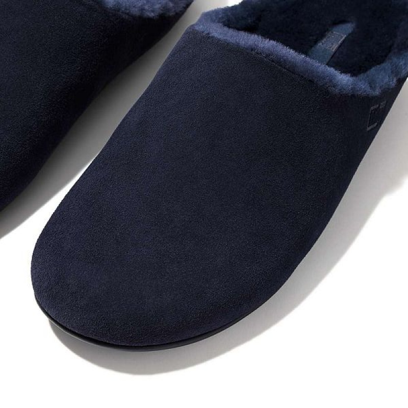 Navy Men's FitFlop Shove Shearling Lined Suede Slippers | 164TESHWX