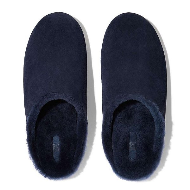 Navy Men's FitFlop Shove Shearling Lined Suede Slippers | 164TESHWX