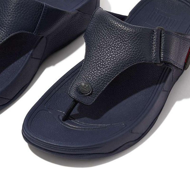 Navy Men's FitFlop Trakk Ii Leather Toe-Post Sandals | 862ZSDIFK