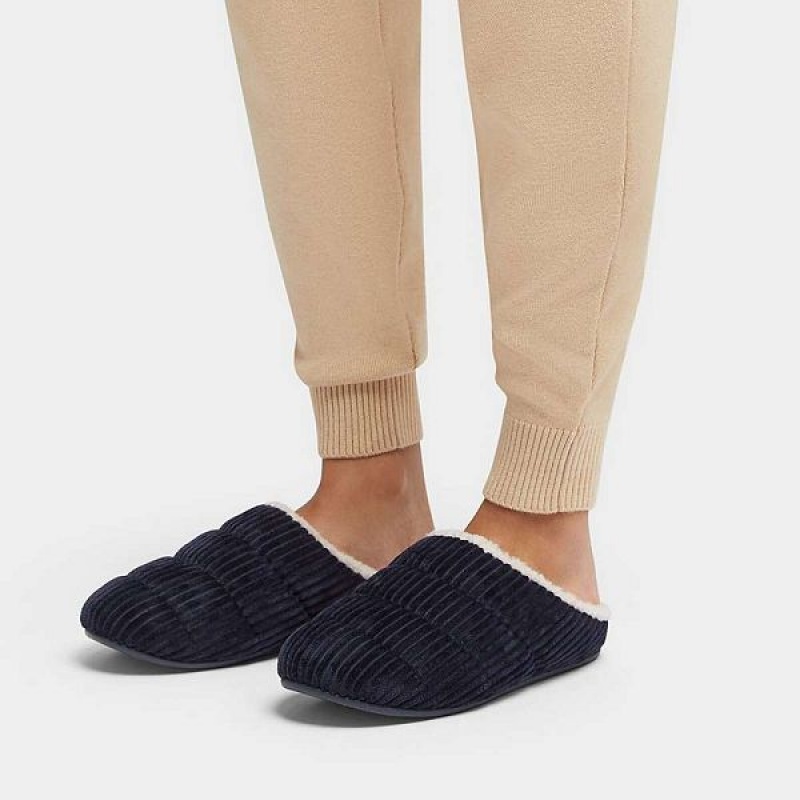 Navy Women's FitFlop Chrissie Biofleece Lined Corduroy Slippers | 280CDHWIA