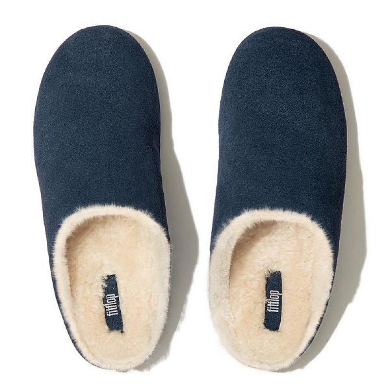 Navy Women's FitFlop Chrissie Shearling Suede Slippers | 189UZCKXP