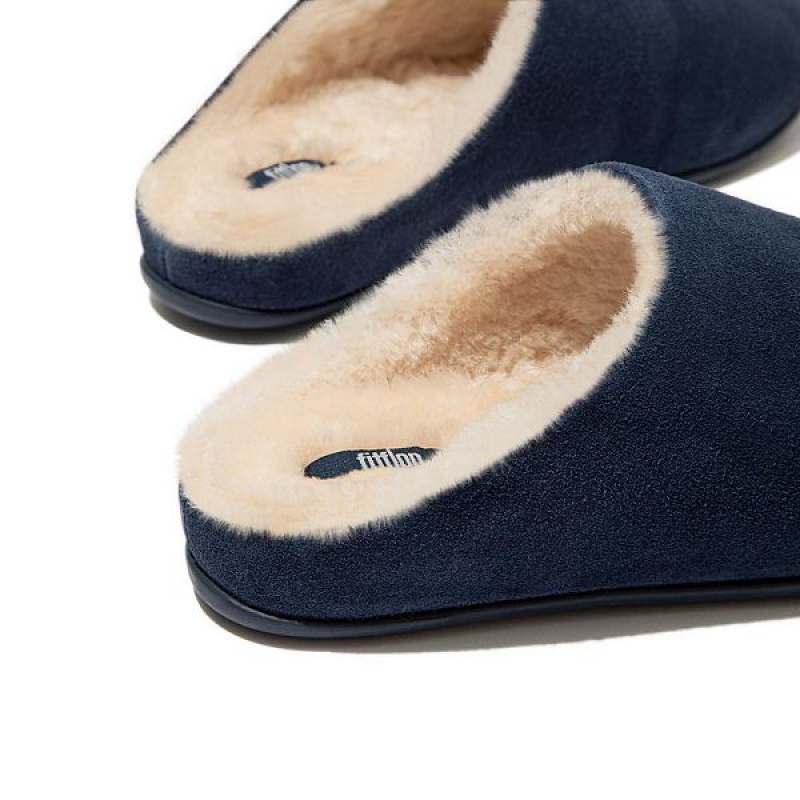 Navy Women's FitFlop Chrissie Shearling Suede Slippers | 189UZCKXP