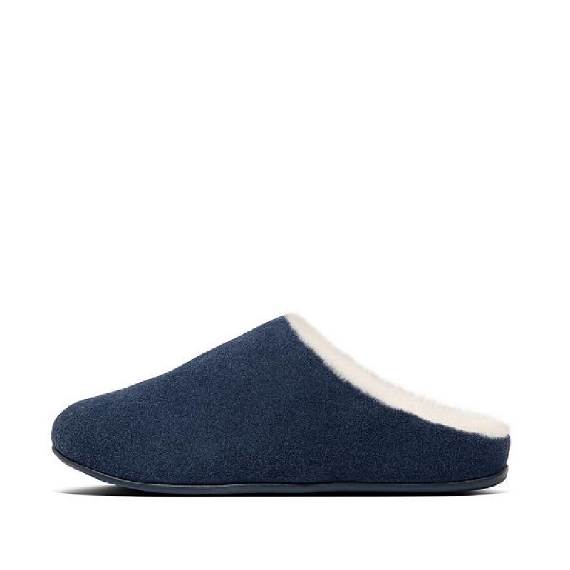 Navy Women\'s FitFlop Chrissie Shearling Suede Slippers | 189UZCKXP