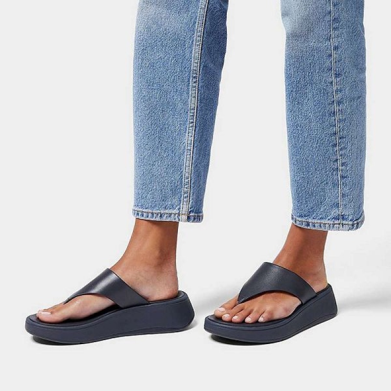 Navy Women's FitFlop F-Mode Leather Flatform Toe-Post Sandals | 197JKDTLA