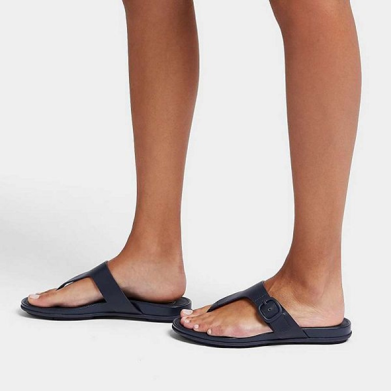 Navy Women's FitFlop Gracie Matt Buckle Leather Toe-Post Sandals | 213LHYZVD