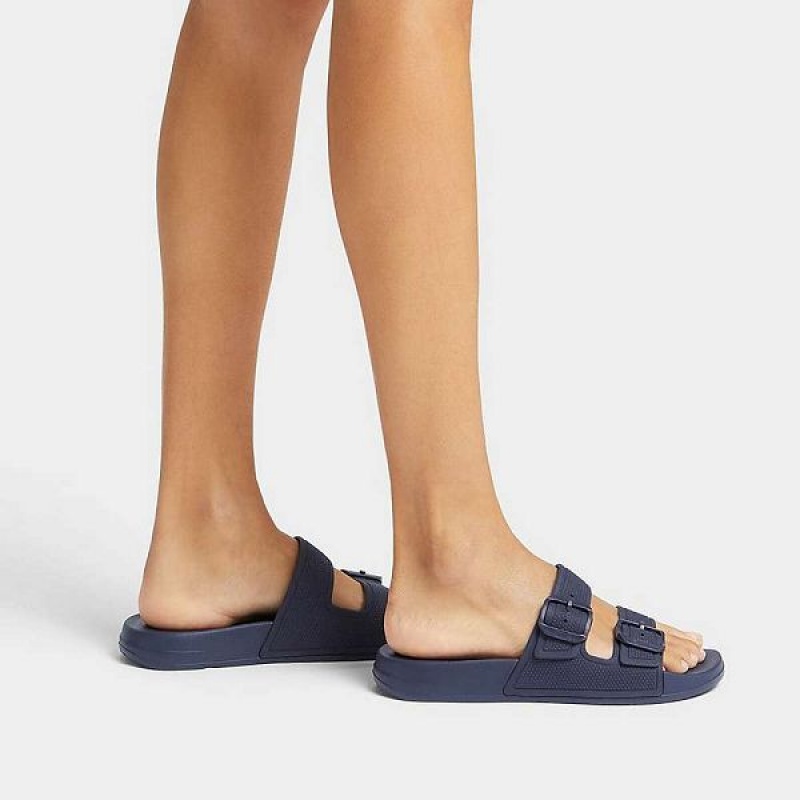 Navy Women's FitFlop Iqushion Two Bar Buckle Slides | 120SRQUWN