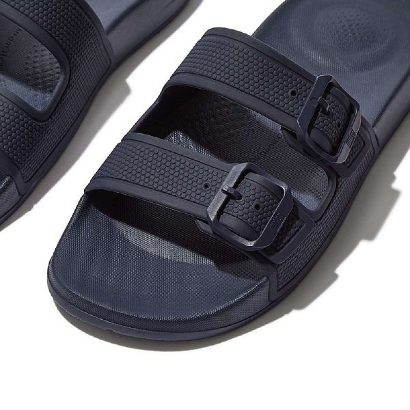 Navy Women's FitFlop Iqushion Two Bar Buckle Slides | 120SRQUWN