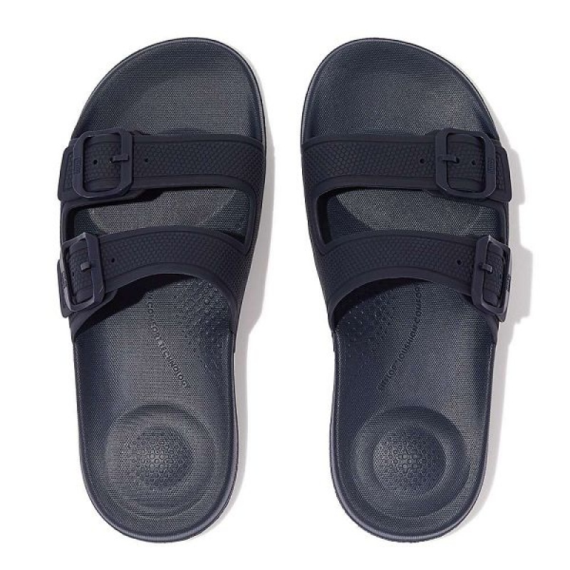 Navy Women's FitFlop Iqushion Two Bar Buckle Slides | 120SRQUWN