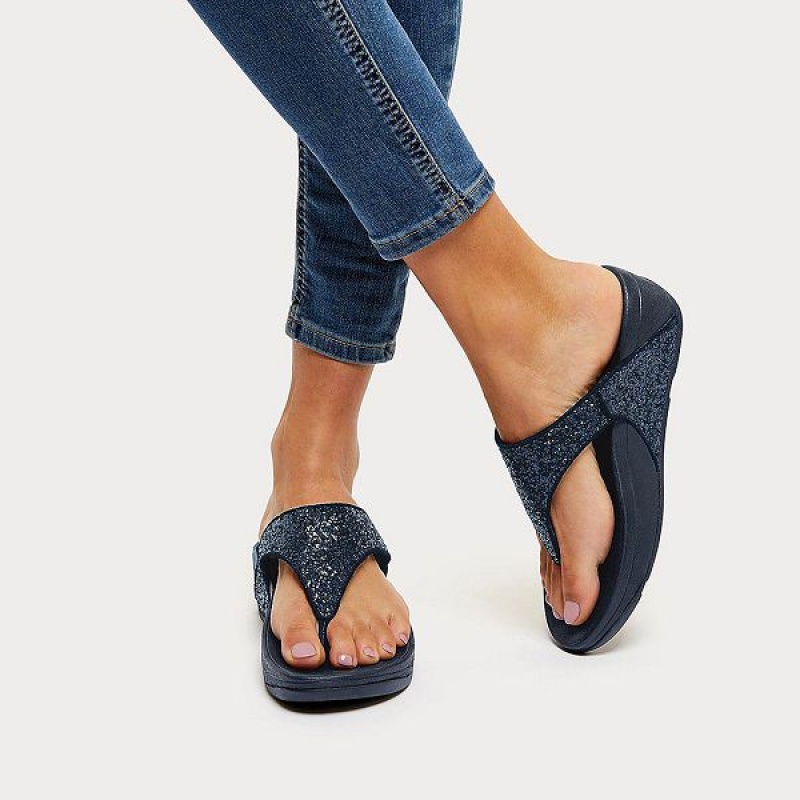 Navy Women's FitFlop Lulu Glitter Toe-Post Sandals | 034JQITZF