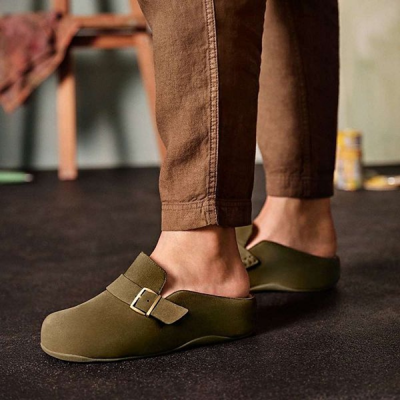 Olive / Green Women's FitFlop Shuv Buckle Strap Nubuck Clogs | 087HZYLXS