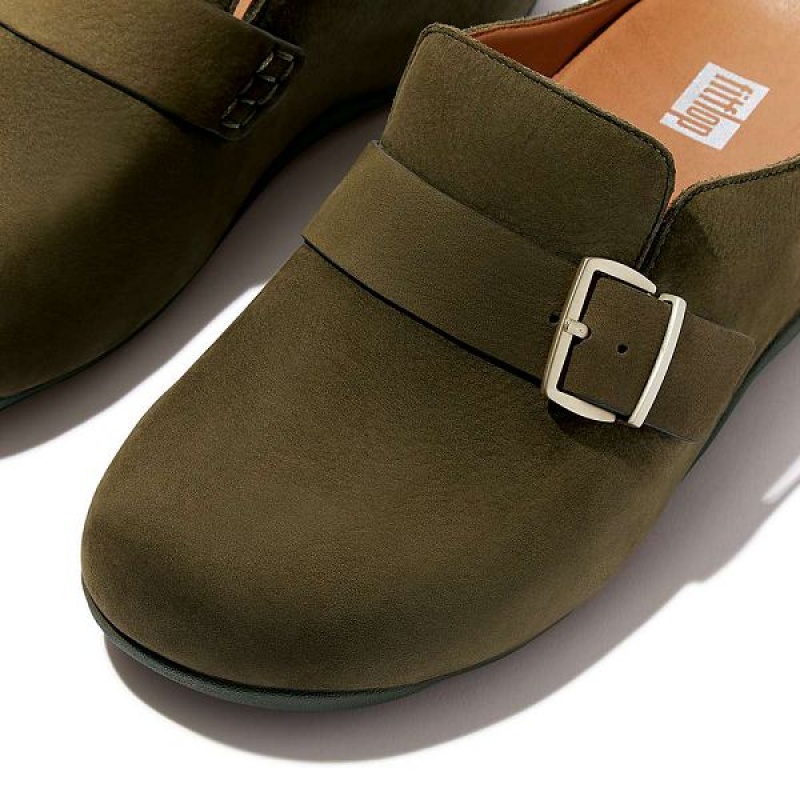 Olive / Green Women's FitFlop Shuv Buckle Strap Nubuck Clogs | 087HZYLXS