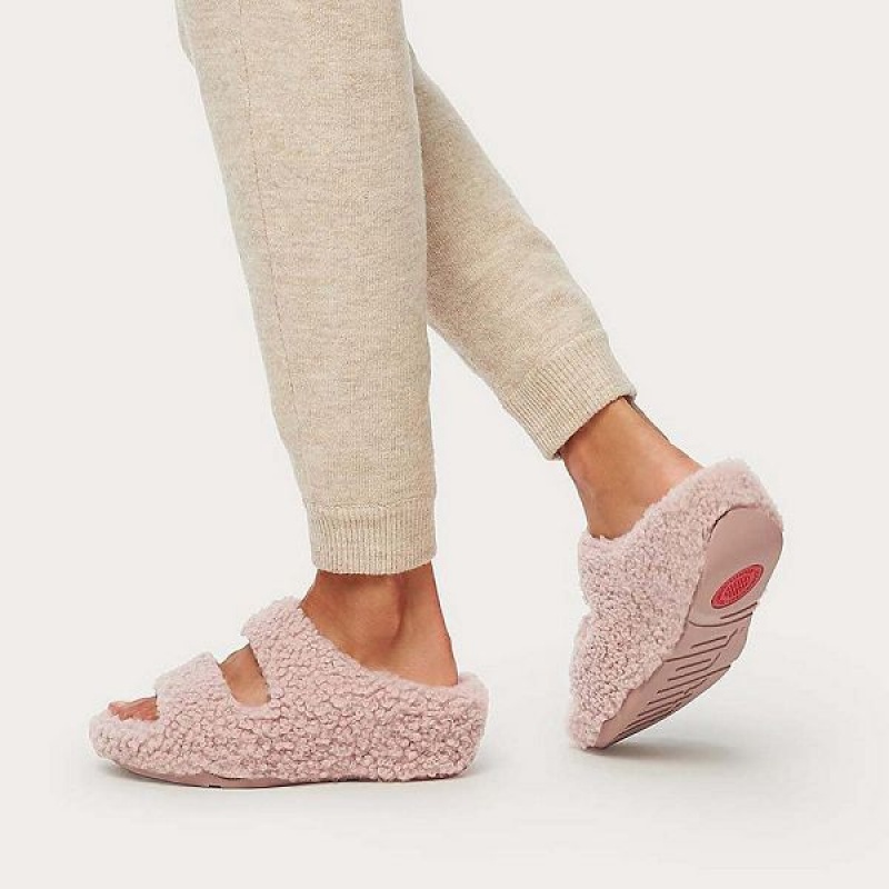 Pink Women's FitFlop Shuv Two Bar Shearling Slides | 518LRYIWO