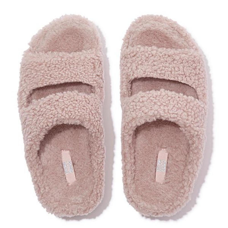 Pink Women's FitFlop Shuv Two Bar Shearling Slides | 518LRYIWO