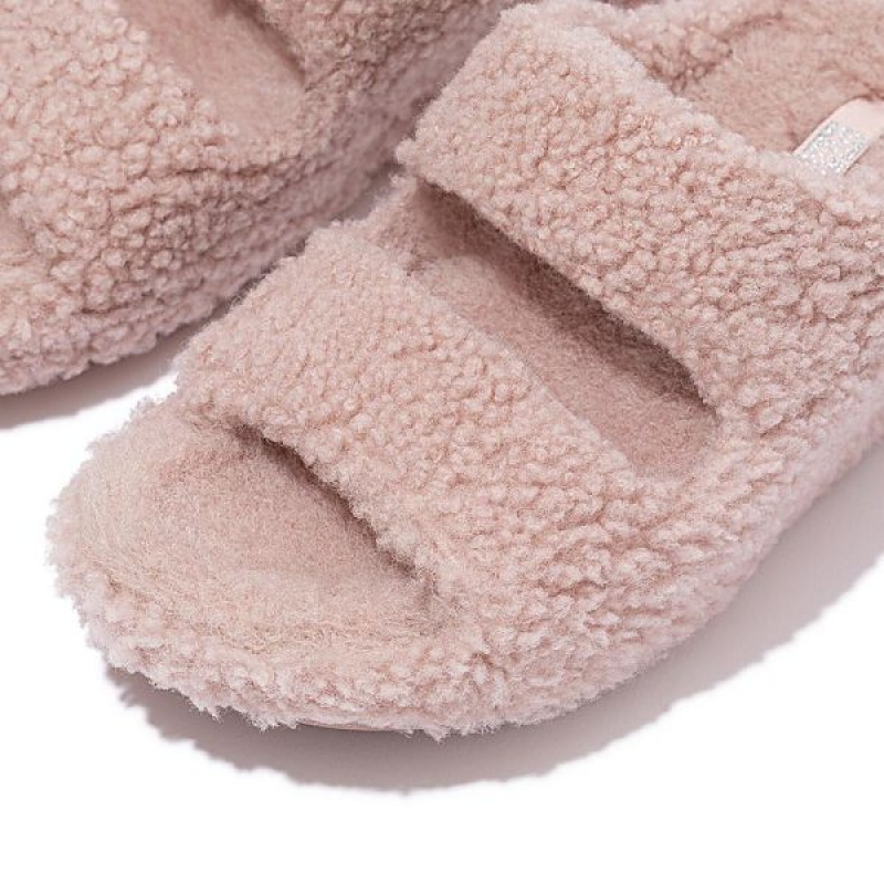 Pink Women's FitFlop Shuv Two Bar Shearling Slides | 518LRYIWO