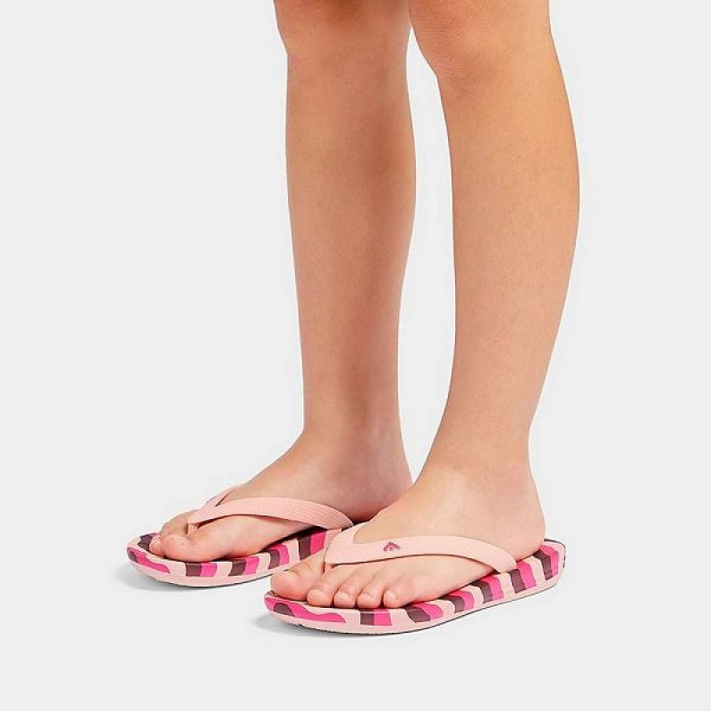 Pink / Light Blue Kids' FitFlop Iqushion Junior Wave Print Ergonomic Flip Flops | 045DYTKSE