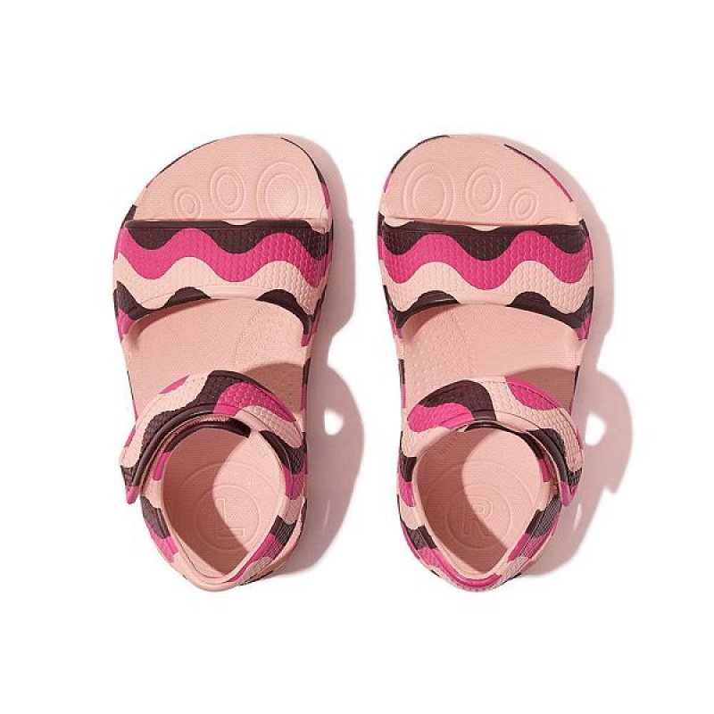 Pink / Light Blue Kids' FitFlop Iqushion Toddler Wave Print Ergonomic Back-Strap Sandals | 298XEDHRT