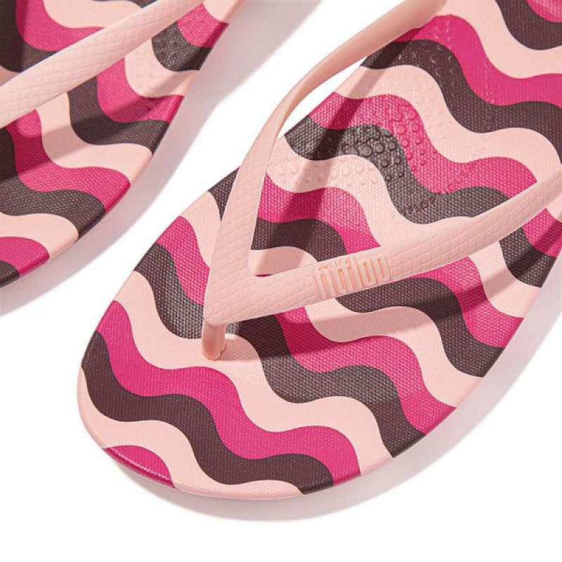 Pink / Light Blue Women's FitFlop Iqushion Wave Print Ergonomic Flip Flops | 436KMEFNA