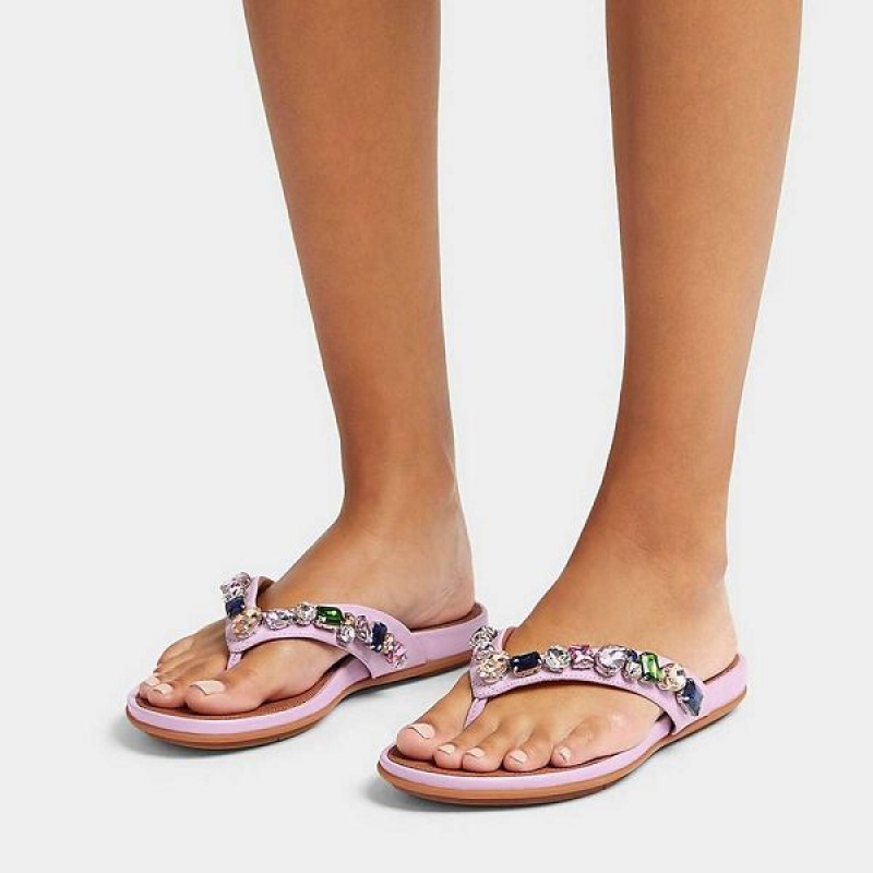 Purple Women's FitFlop Gracie Jewel Deluxe Leather Flip Flops | 124JGSLAR