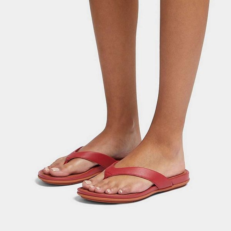 Red Women's FitFlop Gracie Leather Flip Flops | 205EMRWZQ