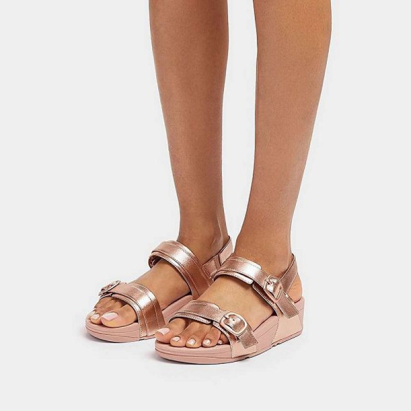 Rose Gold Women's FitFlop Lulu Adjustable Buckle Metallic Leather Back-Strap Sandals | 103UTQODX