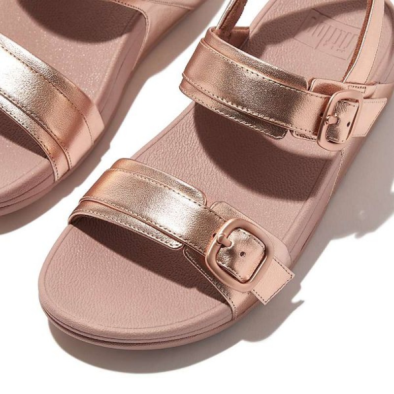 Rose Gold Women's FitFlop Lulu Adjustable Buckle Metallic Leather Back-Strap Sandals | 103UTQODX