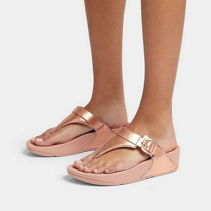 Rose Gold Women's FitFlop Lulu Adjustable Leather Toe-Posts Sandals | 738JMKDXC