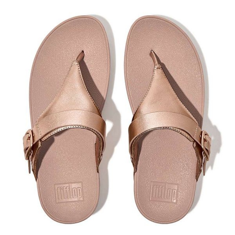 Rose Gold Women's FitFlop Lulu Adjustable Leather Toe-Posts Sandals | 738JMKDXC