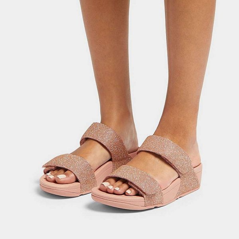 Rose Gold Women's FitFlop Lulu Adjustable Shimmerlux Slides | 753MYQGPK