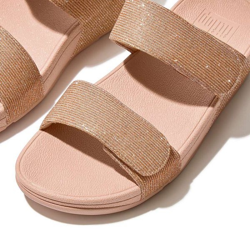 Rose Gold Women's FitFlop Lulu Adjustable Shimmerlux Slides | 753MYQGPK