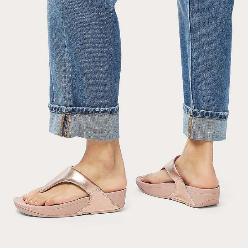 Rose Gold Women's FitFlop Lulu Leather Toe-Post Sandals | 805PKAXYL