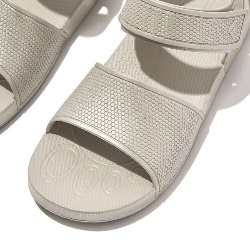 Silver Kids' FitFlop Iqushion Junior Shimmer Ergonomic Back-Strap Sandals | 167DYOHVU