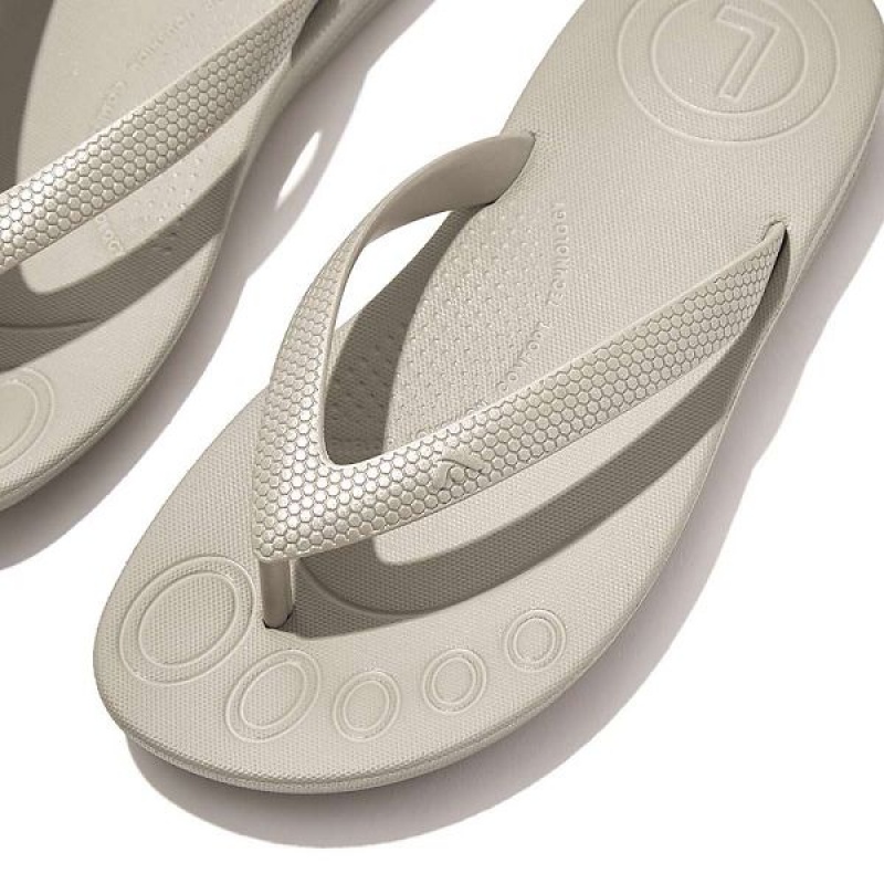 Silver Kids' FitFlop Iqushion Junior Shimmer Ergonomic Flip Flops | 597HXAMJU