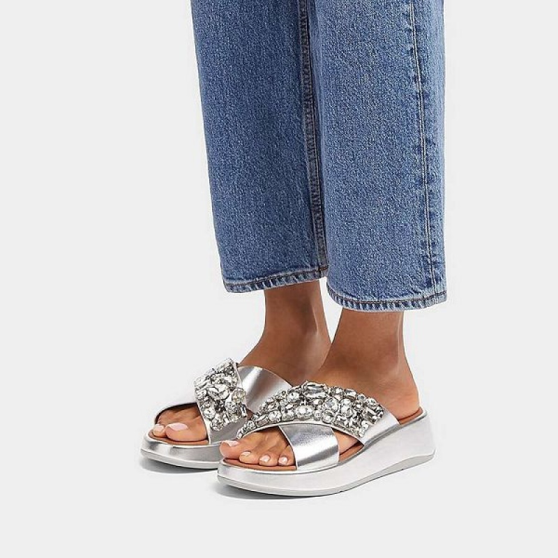 Silver Women's FitFlop F-Mode Jewel Deluxe Metallic Leather Flatform Cross Slides | 718XULVKR