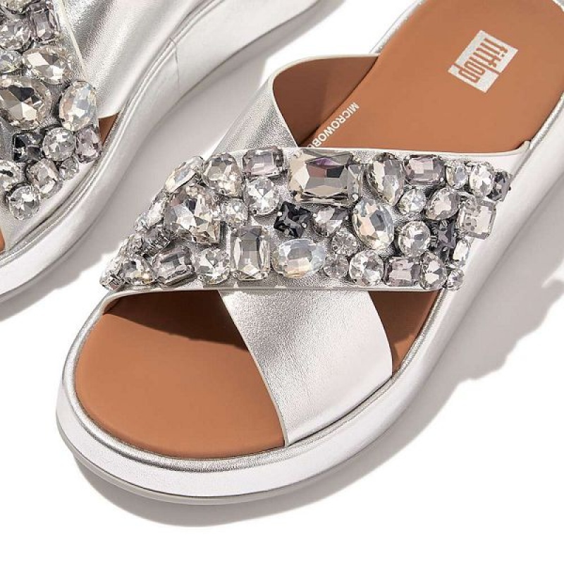 Silver Women's FitFlop F-Mode Jewel Deluxe Metallic Leather Flatform Cross Slides | 718XULVKR