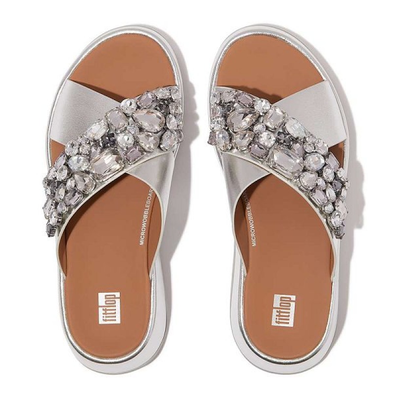 Silver Women's FitFlop F-Mode Jewel Deluxe Metallic Leather Flatform Cross Slides | 718XULVKR