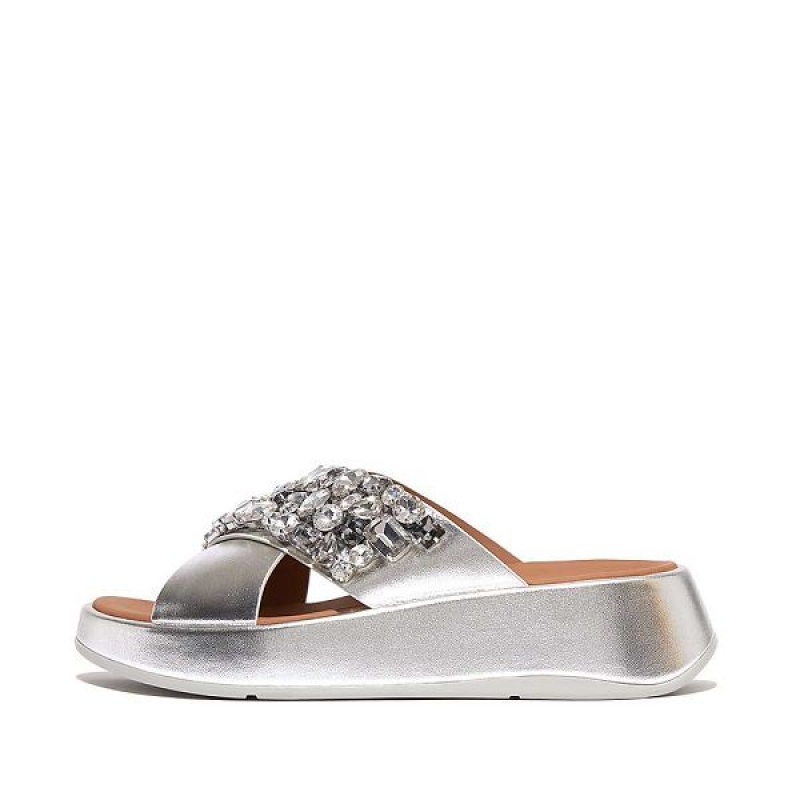 Silver Women\'s FitFlop F-Mode Jewel Deluxe Metallic Leather Flatform Cross Slides | 718XULVKR