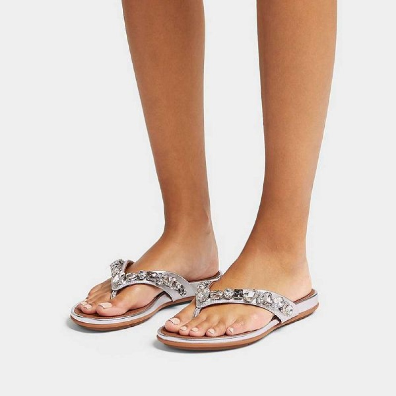 Silver Women's FitFlop Gracie Jewel Deluxe Metallic Leather Flip Flops | 695BJKCYN