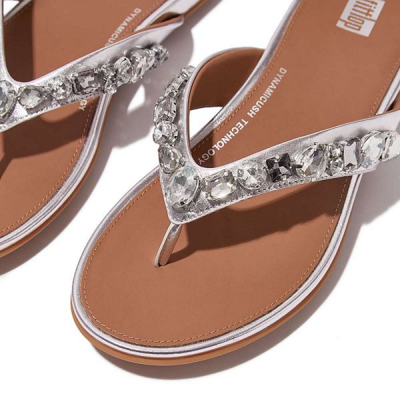 Silver Women's FitFlop Gracie Jewel Deluxe Metallic Leather Flip Flops | 695BJKCYN