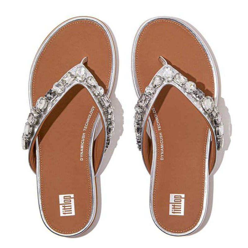 Silver Women's FitFlop Gracie Jewel Deluxe Metallic Leather Flip Flops | 695BJKCYN