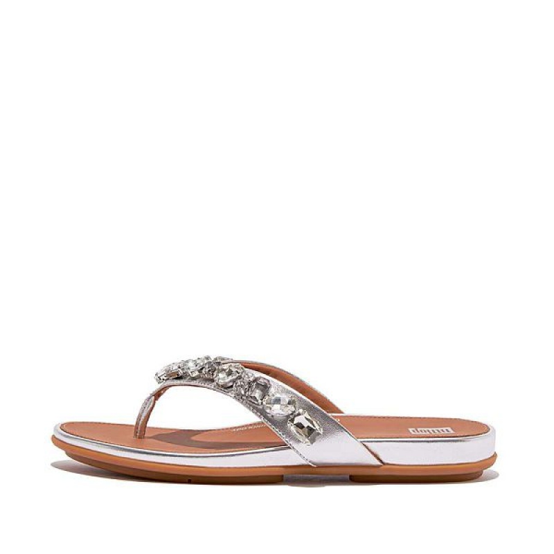 Silver Women\'s FitFlop Gracie Jewel Deluxe Metallic Leather Flip Flops | 695BJKCYN