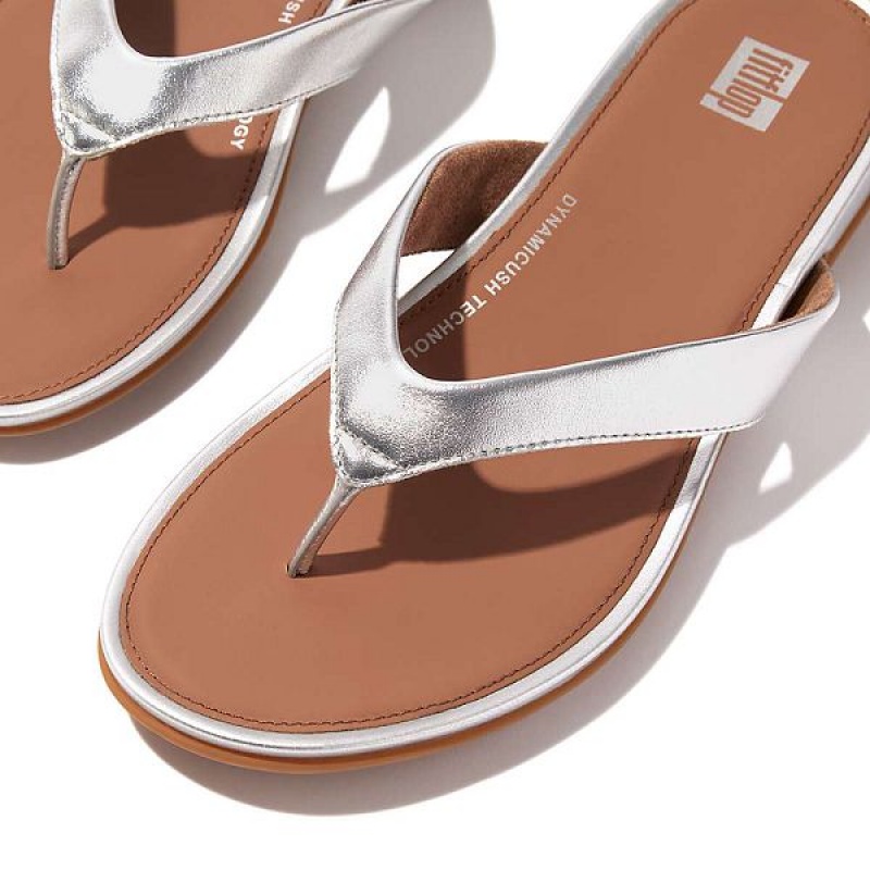 Silver Women's FitFlop Gracie Metallic Leather Flip Flops | 354PWYAVR