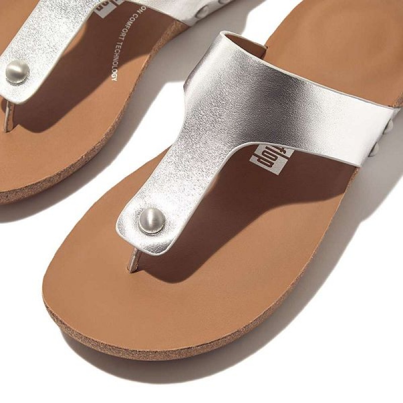 Silver Women's FitFlop Iqushion Metallic Leather Toe-Post Sandals | 703YONSBF