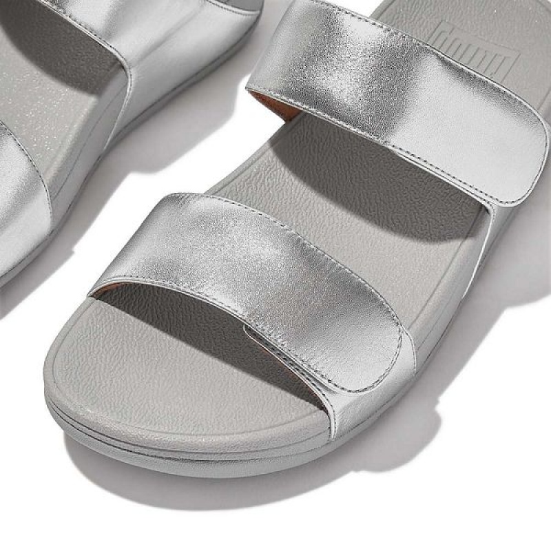 Silver Women's FitFlop Lulu Adjustable Leather Slides | 268HOEIRU