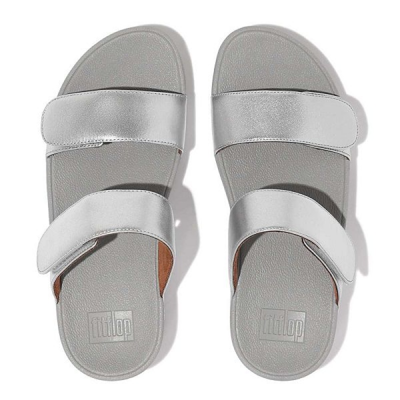 Silver Women's FitFlop Lulu Adjustable Leather Slides | 268HOEIRU