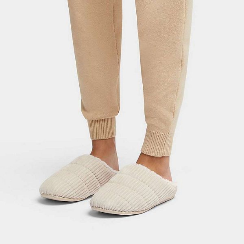 White Women's FitFlop Chrissie Biofleece Lined Corduroy Slippers | 528NBOYGS