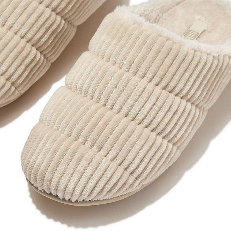 White Women's FitFlop Chrissie Biofleece Lined Corduroy Slippers | 528NBOYGS