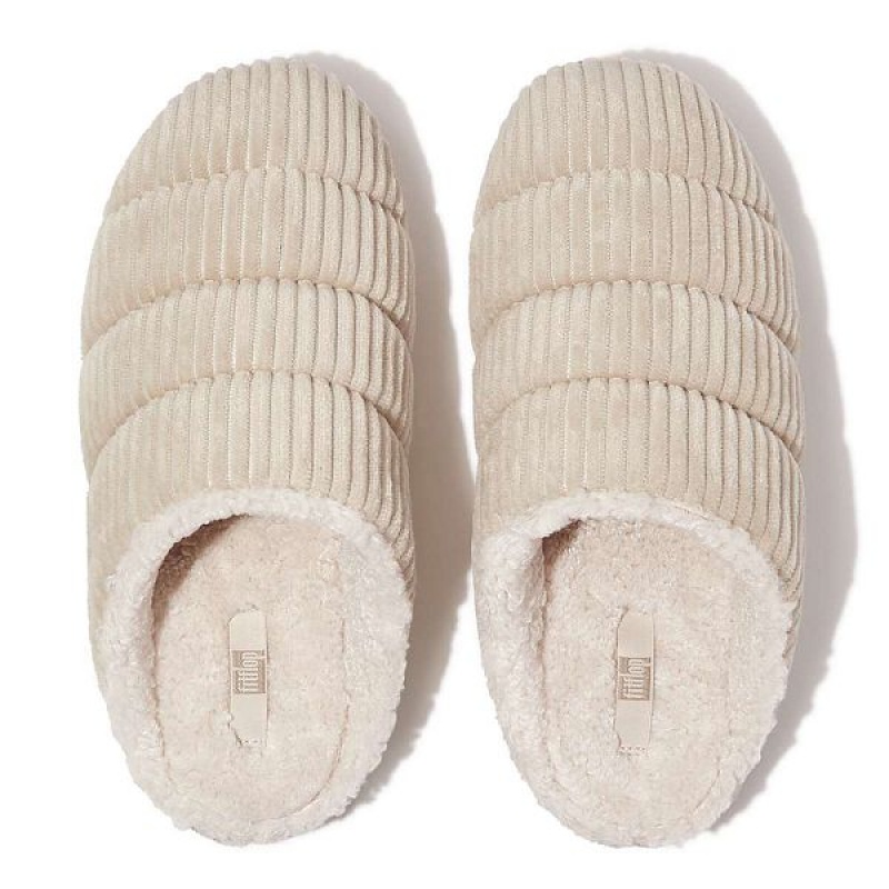 White Women's FitFlop Chrissie Biofleece Lined Corduroy Slippers | 528NBOYGS