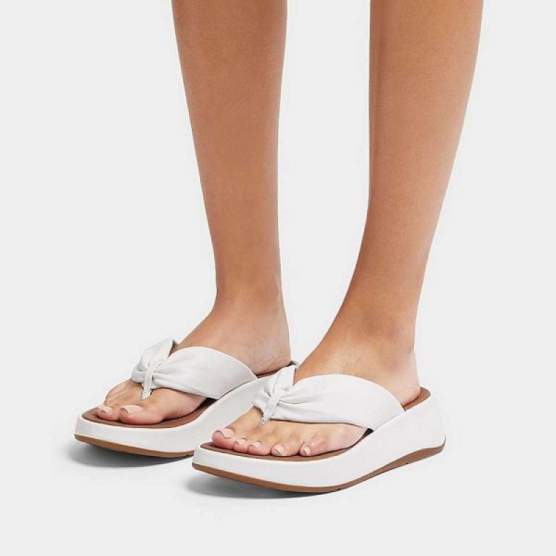 White Women's FitFlop F-Mode Leather Twist Flatform Toe-Post Sandals | 958LZRJSK